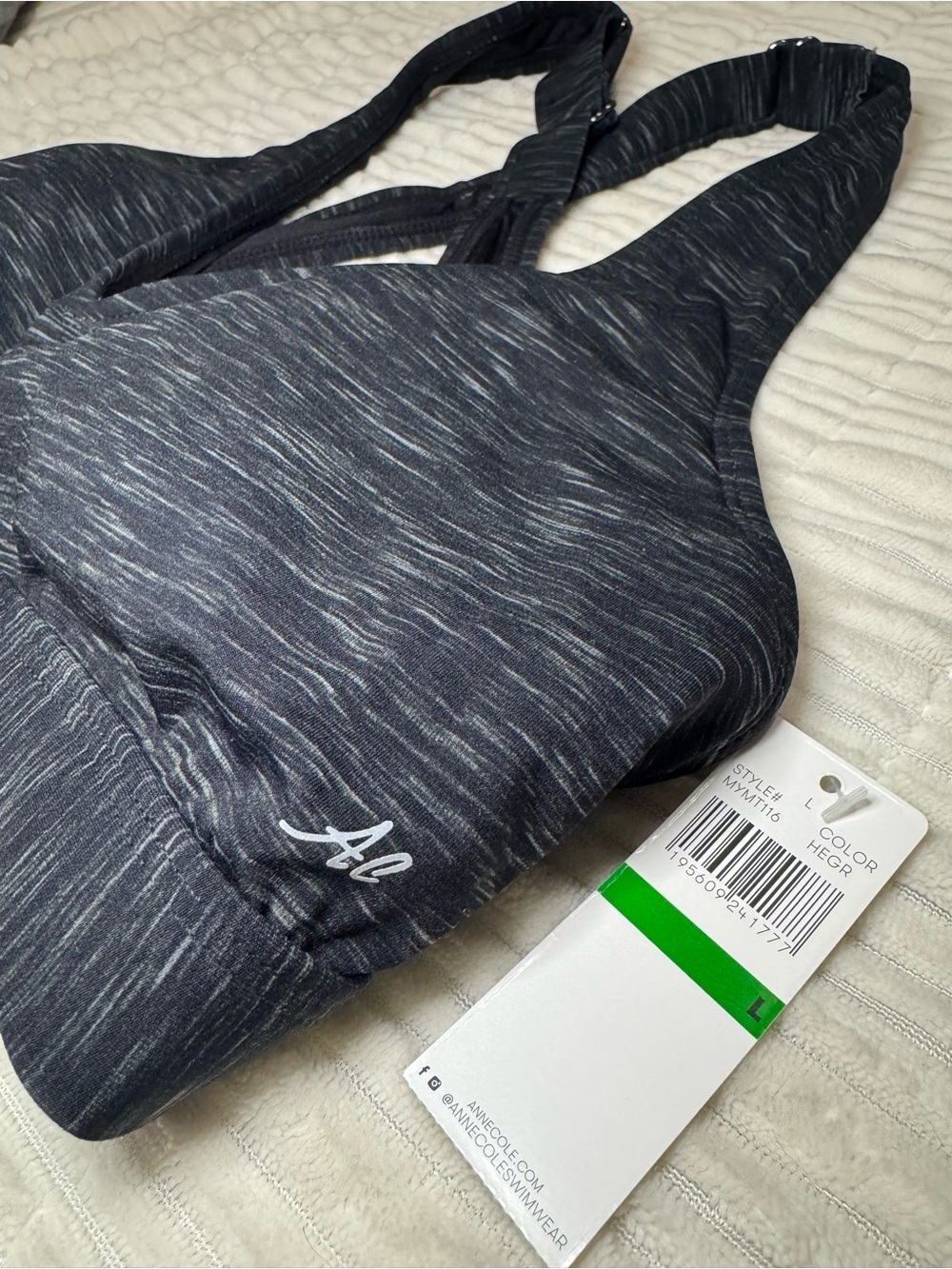 Heather Charcoal Racerback Bikini Swim Top Adjustable Plunge Large - Picture 2 of 6